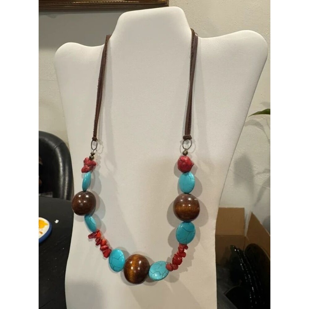Boho Southwestern Beaded Cord Necklace Turquoise Coral Wood